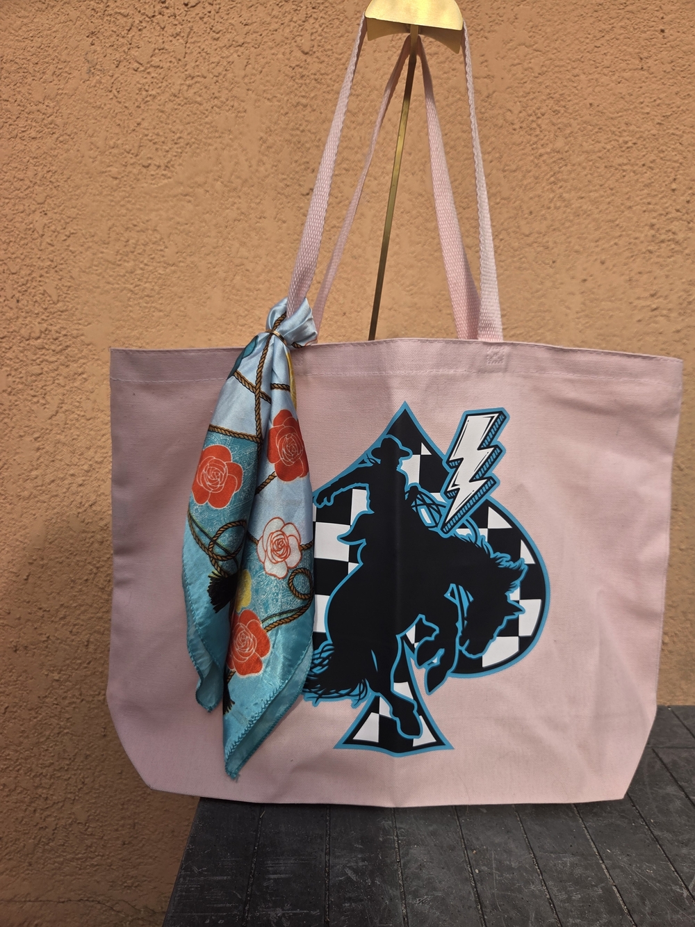 Pink Tote Bag with Blue Cowboy Graphic and Scarf